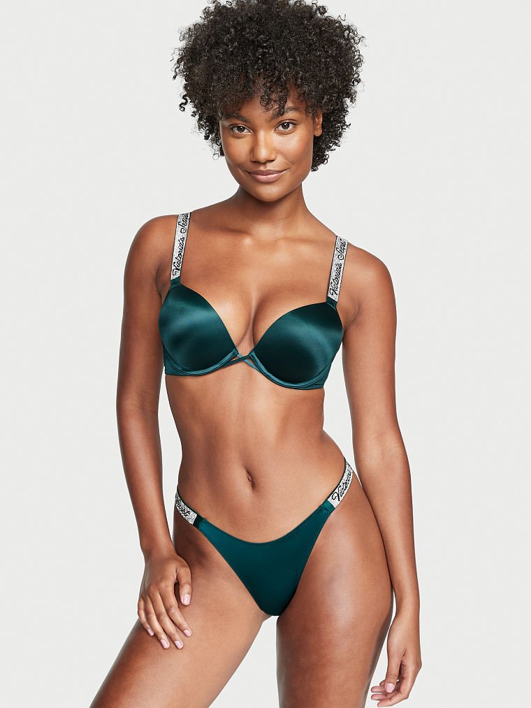 Victoria's Secret Shine Strap Bombshell Smooth Push Up Bra Thong Set Green