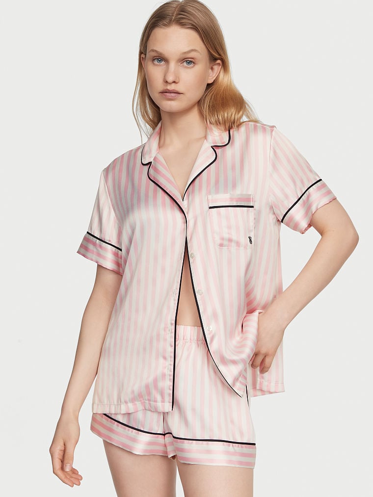 Women's Striped Silk Pajama Set Long Sleeve silk Sleepwear Stripe Silk PJS  Balck or Pink and white